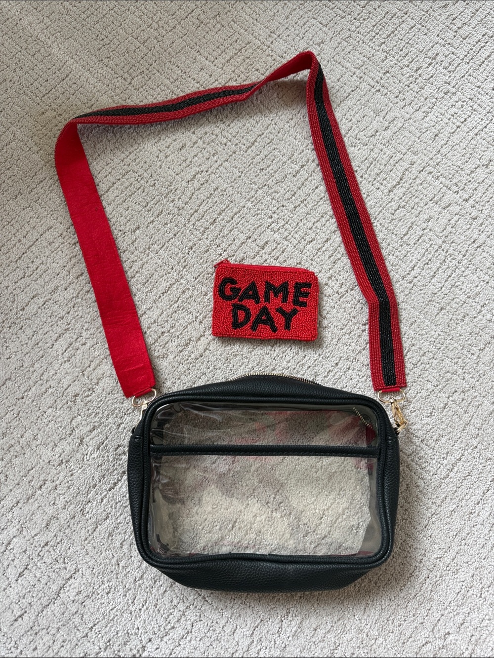 Clear bag see through black with red stadium purse
